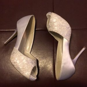 White satin wedding heels with lace open toe, 7.5